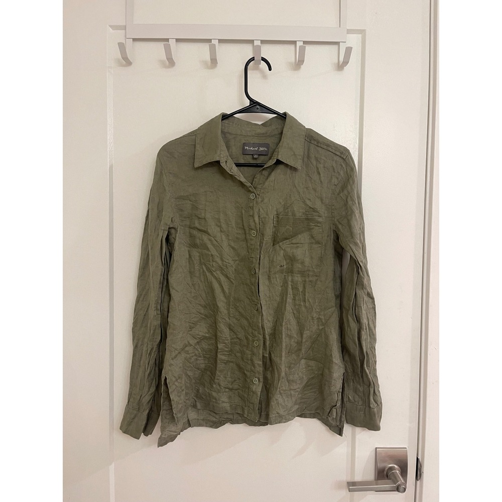 100% Linen Green Michael Stars Euro Casual Summer Button‎ Up